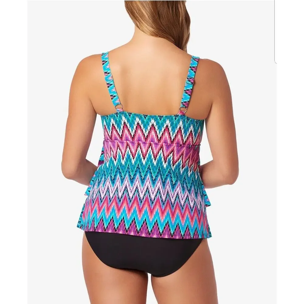 Swim Solutions Island Sunset Tummy-Control Tiered One-Piece Swimsuit  size 8 - Picture 2 of 6